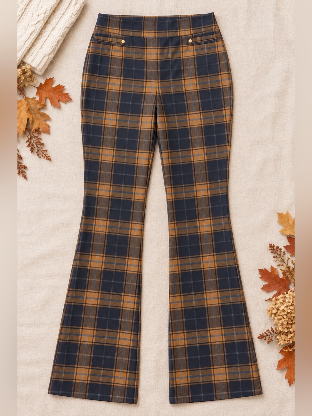 Carole Wren Navy & Camel Plaid Bootcut Pants Size 14